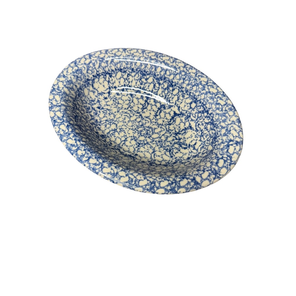 Vintage USA Pottery Blue White Sponge Ware Spatterware Oval Bowl Q3930 SR
